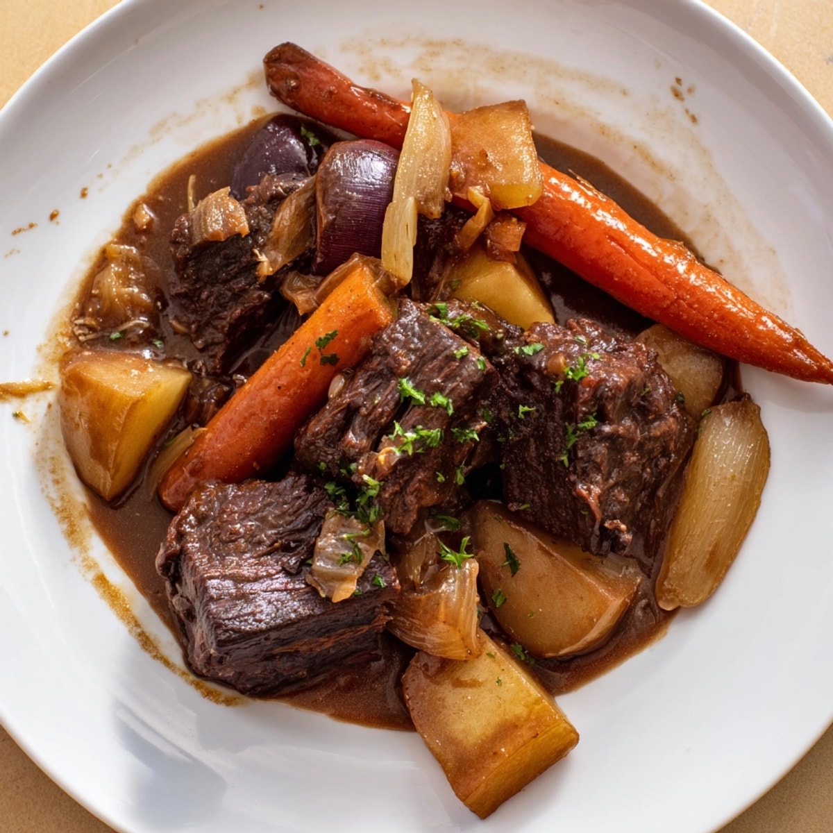 Comforting braised beef with root vegetables shines in a Dutch oven, perfect for chilly evenings.