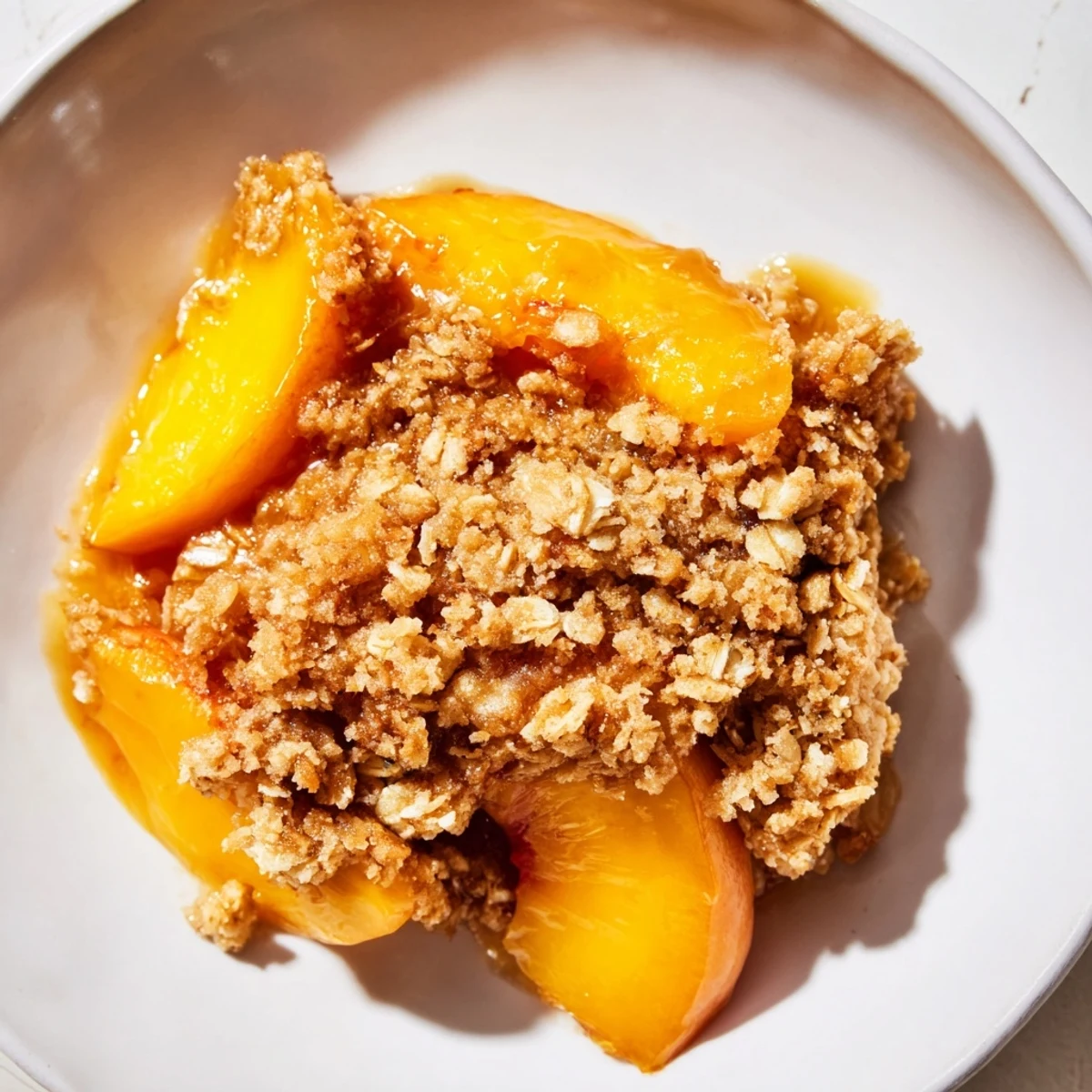 Buttery, golden brown Warm Peach Cobbler, baked to perfection with a sweet, oat crumble.