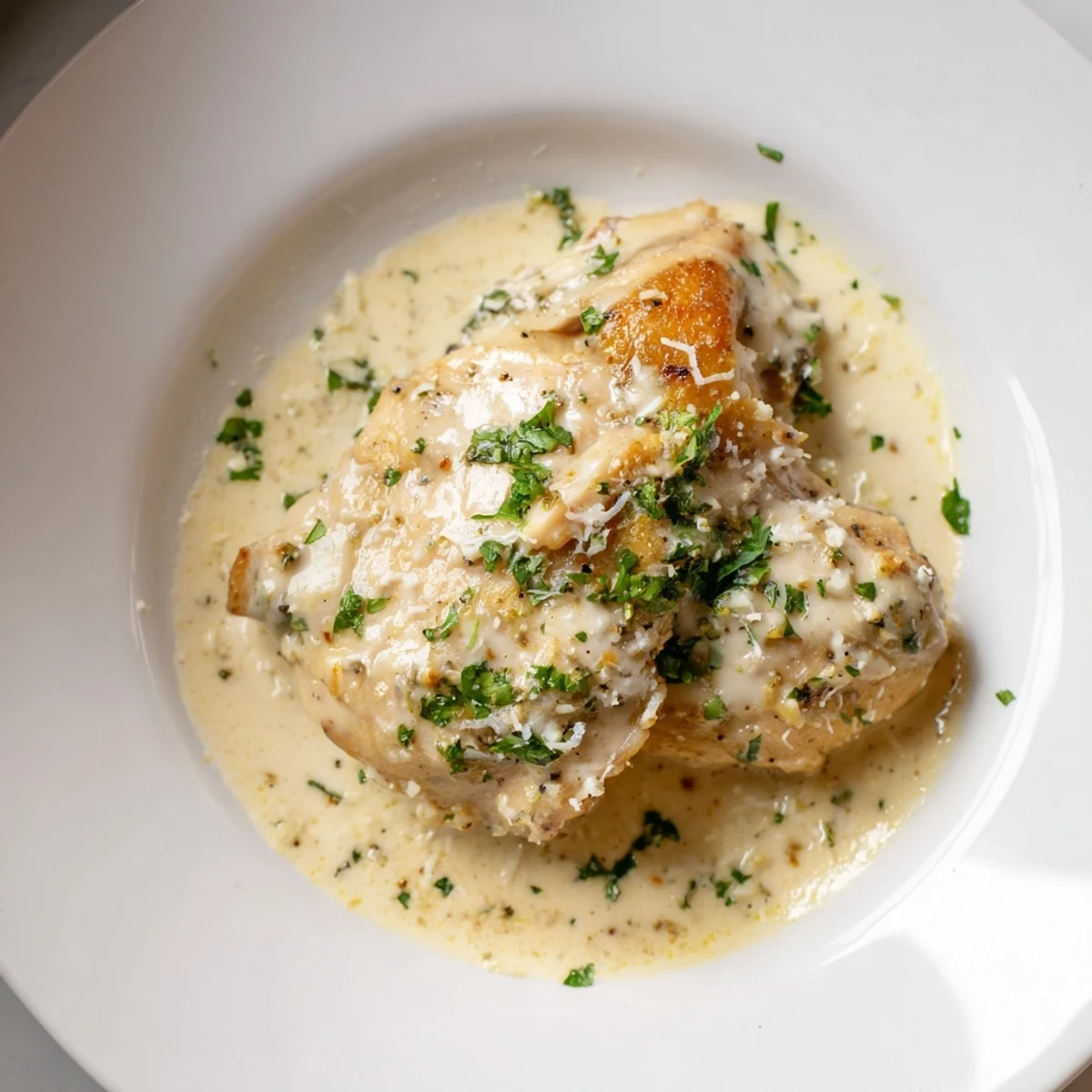 Golden-brown Creamy Garlic Parmesan Chicken Thighs, perfectly cooked and served with a rich, savory sauce.