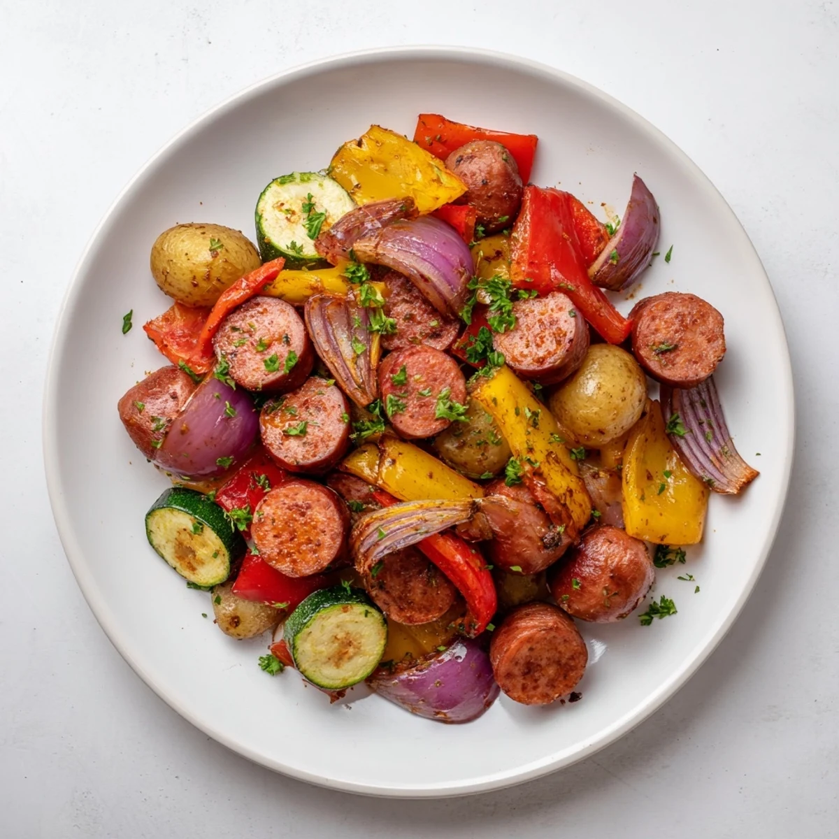 Golden-brown One-Pan Sausage and Roasted Veggies, a delicious, easy sheet pan dinner.