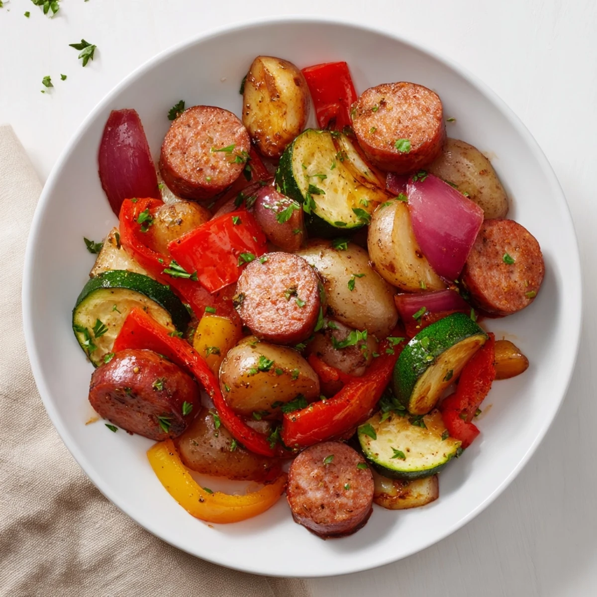 Tender, caramelized One-Pan Sausage and Roasted Veggies: a simple, flavorful meal.