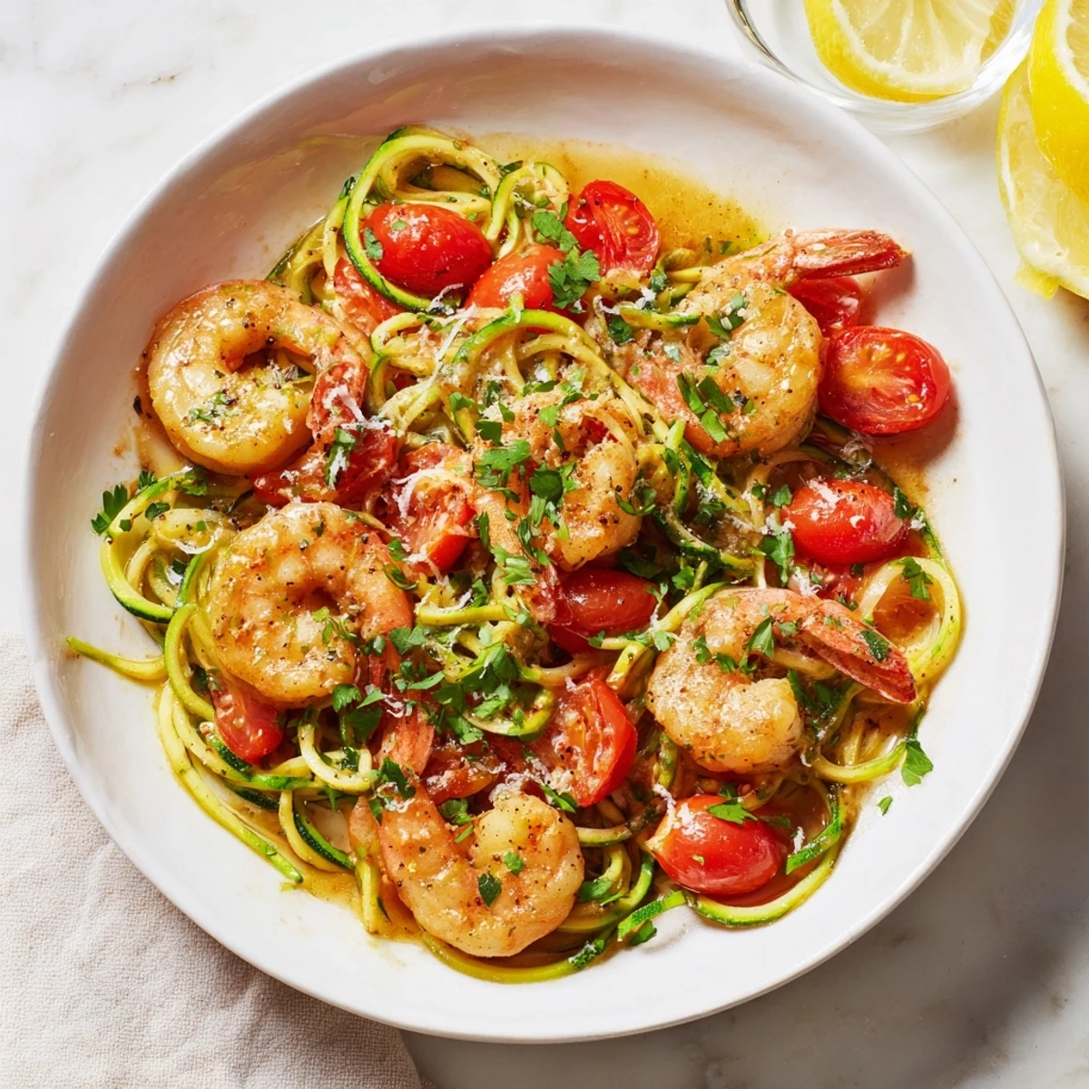 Garlic butter shrimp with zucchini noodles: a plate piled high with golden shrimp and tender zucchini.