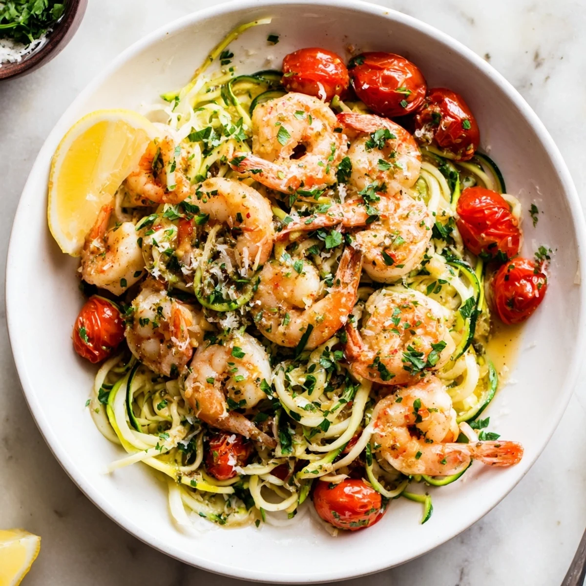 Sizzling garlic butter shrimp with zucchini noodles, bursting with fresh flavors and vibrant colors, ready to eat.