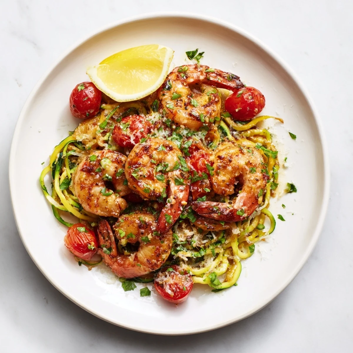Close-up of garlic butter shrimp with zucchini noodles, finished with parsley, perfect for a low-carb dinner.