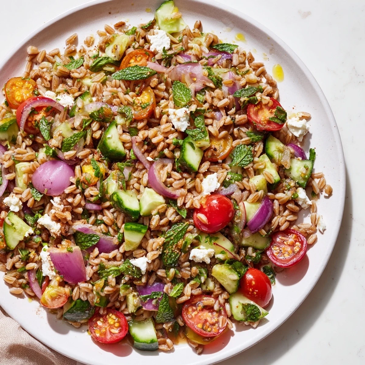 Close-up of a colorful Farro Salad, studded with feta and fresh herbs, ready to eat.