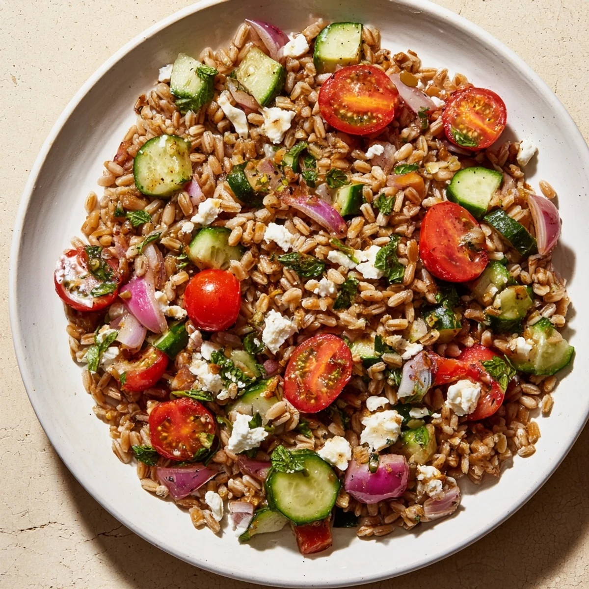 A bright bowl of Farro Salad with lemon, herbs, and feta, ready to enjoy.