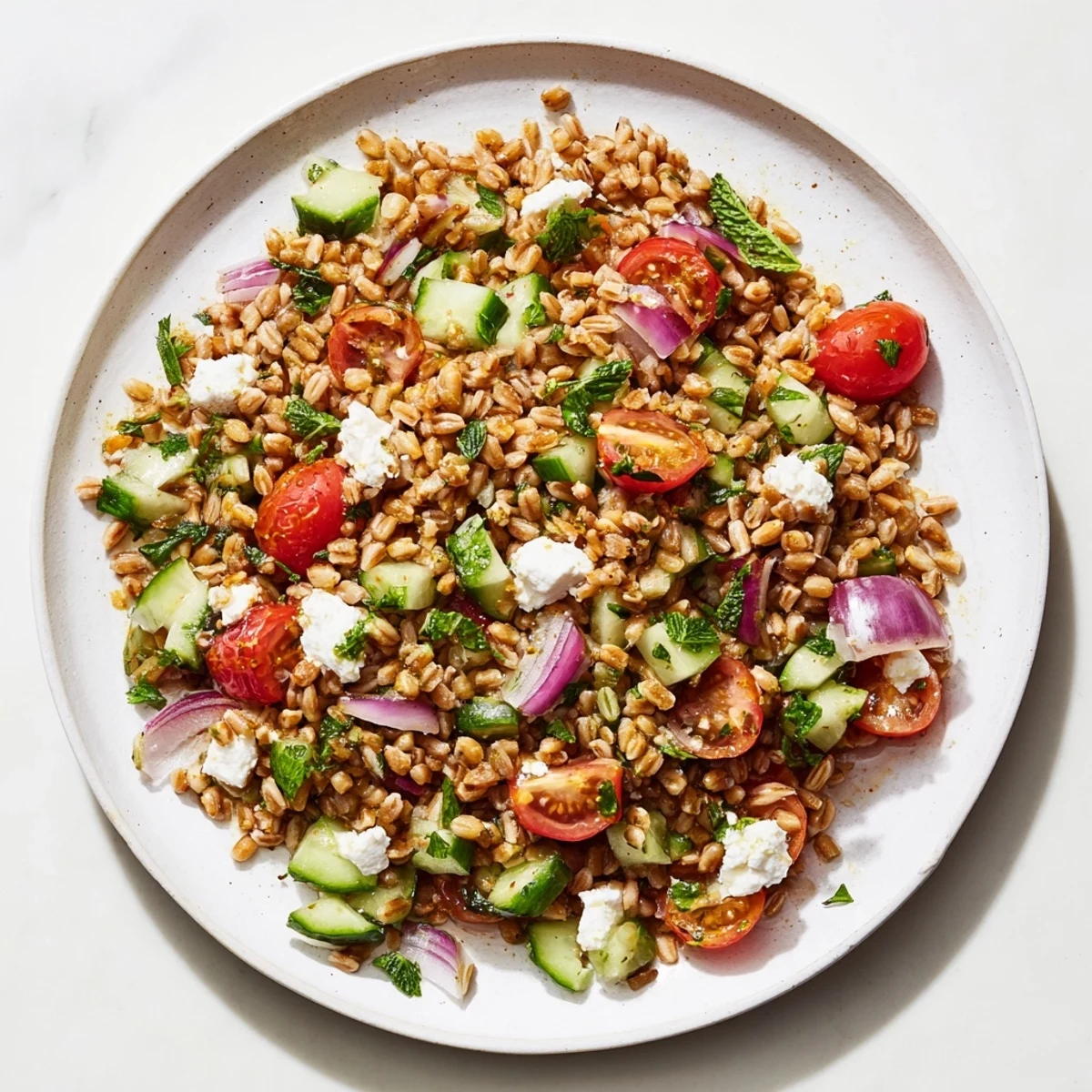 Freshly made Mediterranean Farro Salad featuring lemon dressing, tomatoes, and tangy feta.
