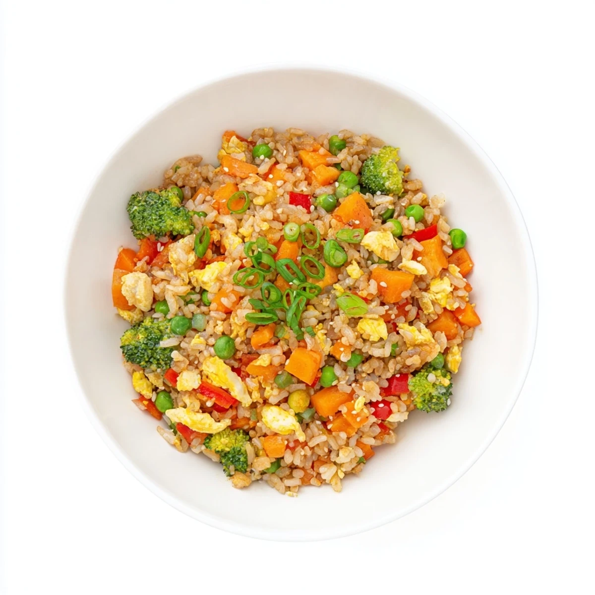 Close-up of Veggie-Packed Fried Rice showing a beautiful mix of vegetables, perfect with optional sriracha.