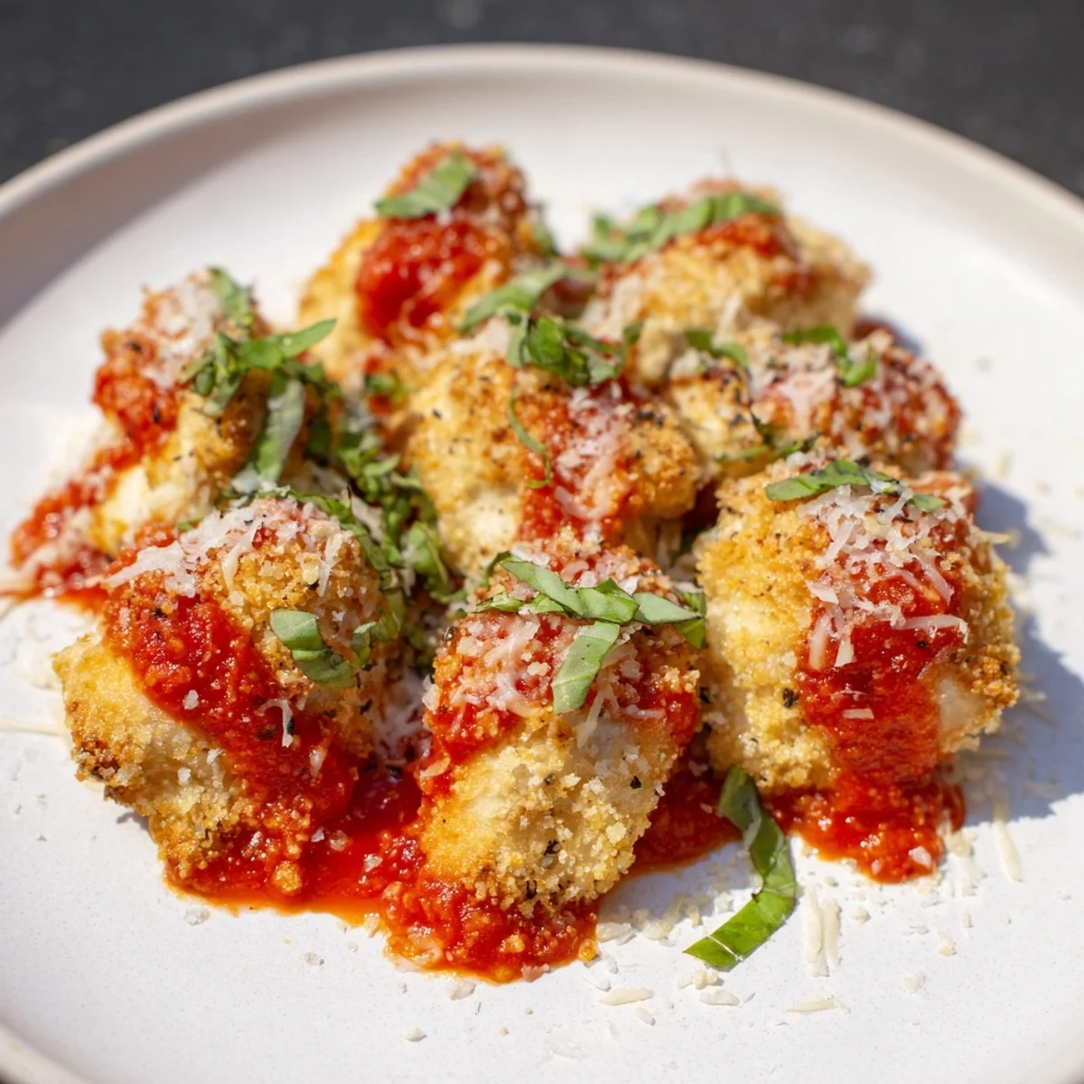 Golden, bubbly Easy Baked Chicken Parmesan, a delicious Italian-American dinner with melted cheese.