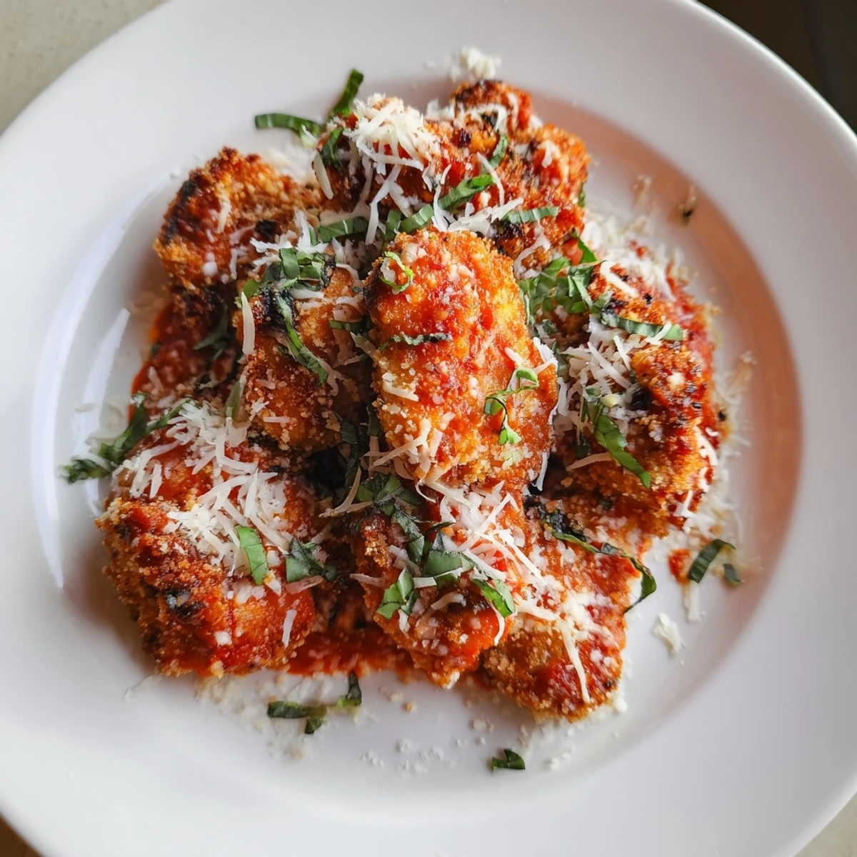 Crispy-coated Easy Baked Chicken Parmesan, served with a vibrant red marinara sauce, perfect for family dinners.