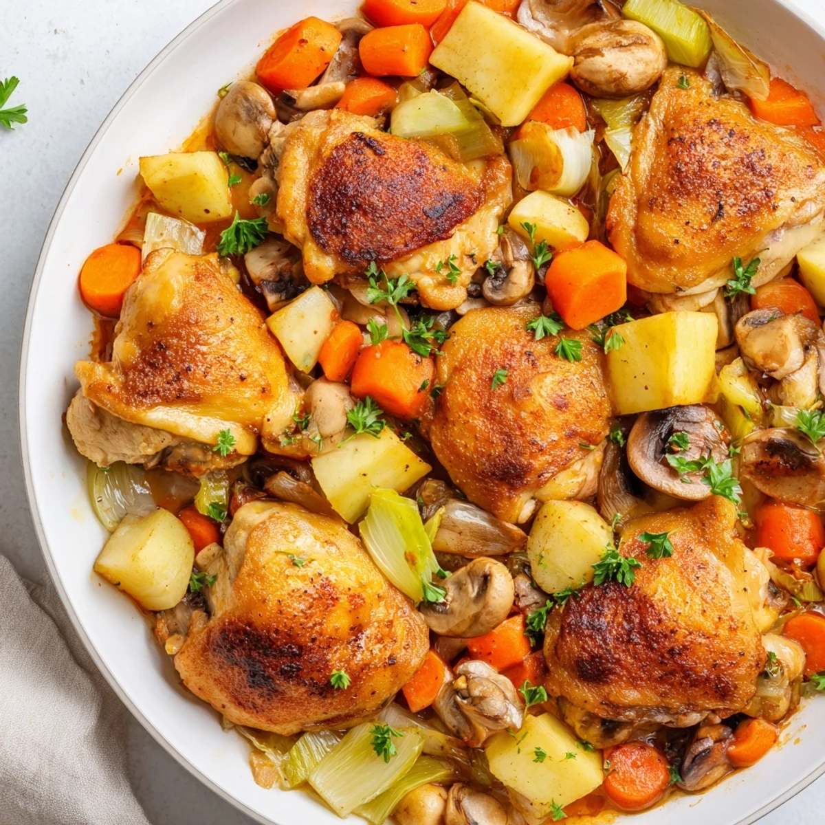 A close-up of a richly flavored Rustic Chicken and Mushroom Stew with herbs, perfect for a cozy supper.
