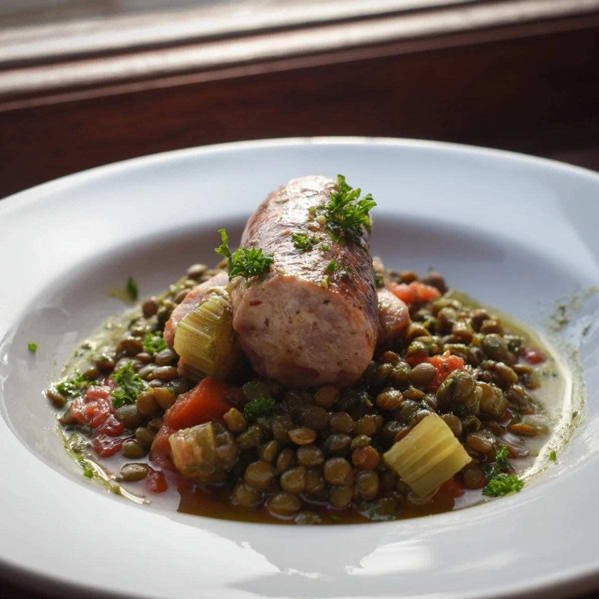 Hearty Lentil and Sausage Casserole bubbling in an oven-safe dish, ready for a comforting dinner.