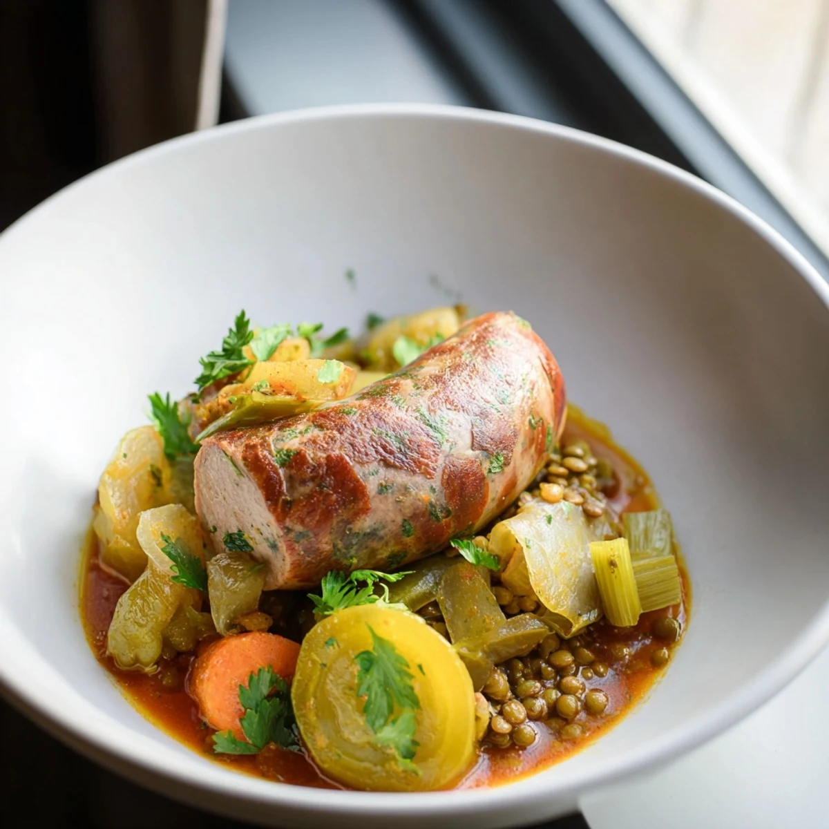 This rustic Hearty Lentil and Sausage Casserole features browned sausages and tender lentils in a flavorful broth.