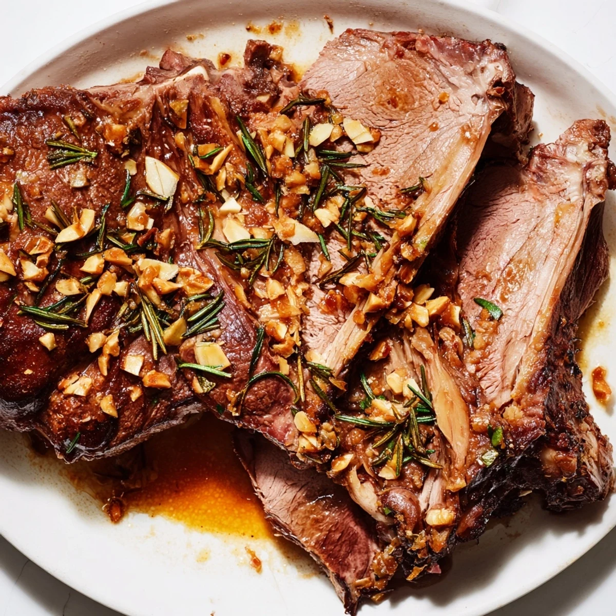 A close-up of a tender Garlic and Rosemary Roast Leg of Lamb, surrounded by roasted vegetables.
