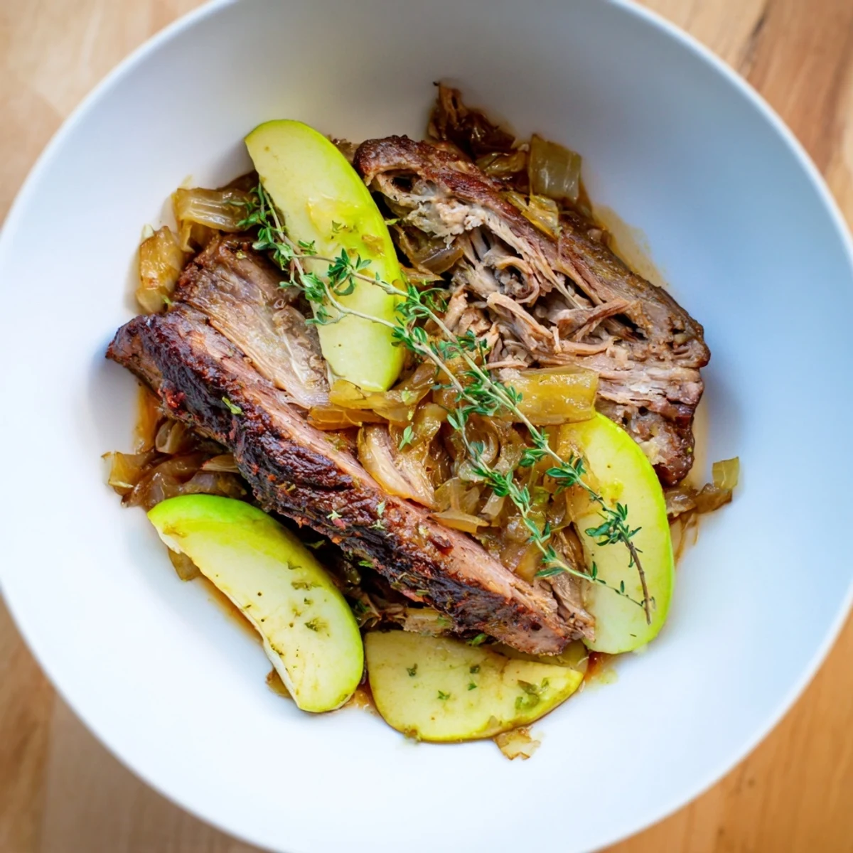 Juicy slow roasted pork shoulder with apples, tender with crispy skin, ready to serve.