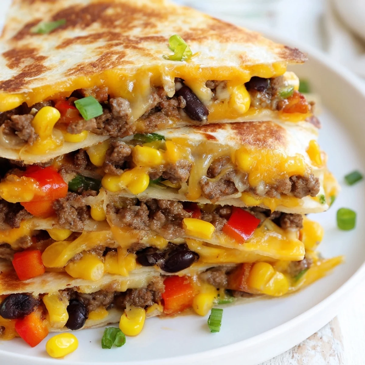 A close-up shot of Sheet Pan Quesadillas with beef showing layers of flavorful fillings and a golden crust.