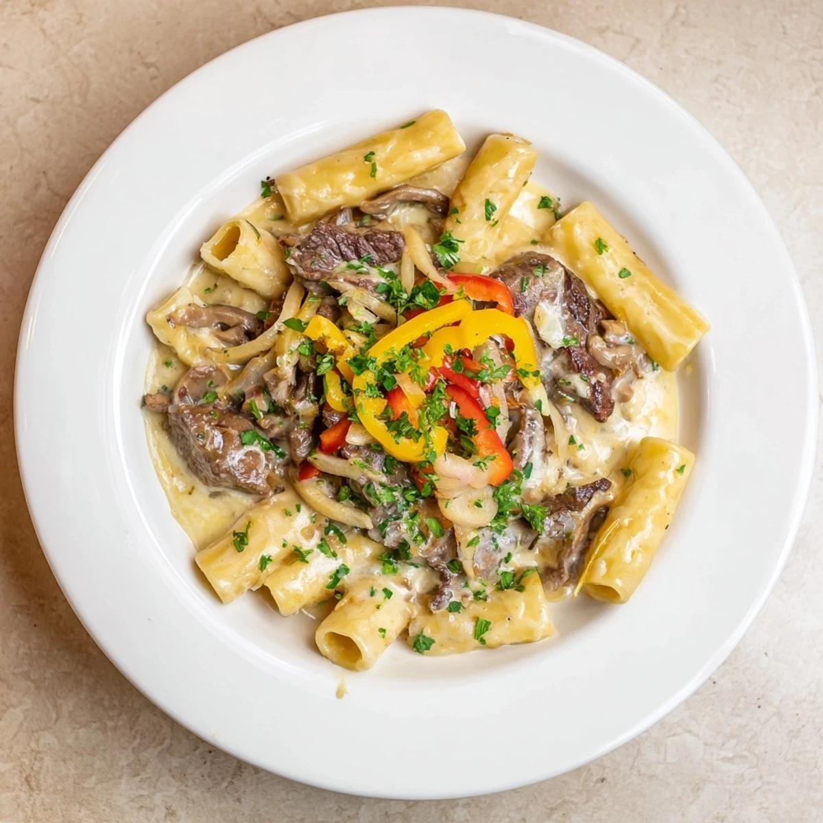 Golden, bubbly Philly Cheese Steak Pasta, with tender beef and melted cheese layered on pasta.