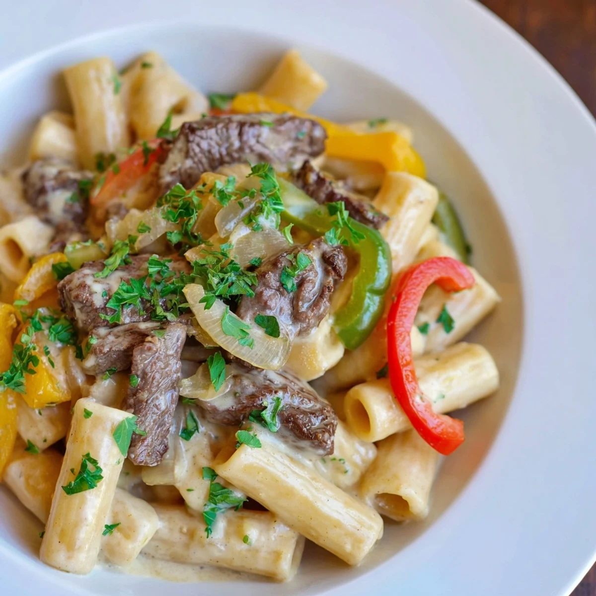 A steaming bowl of Philly Cheese Steak Pasta, a comforting blend of flavors and textures for dinner.