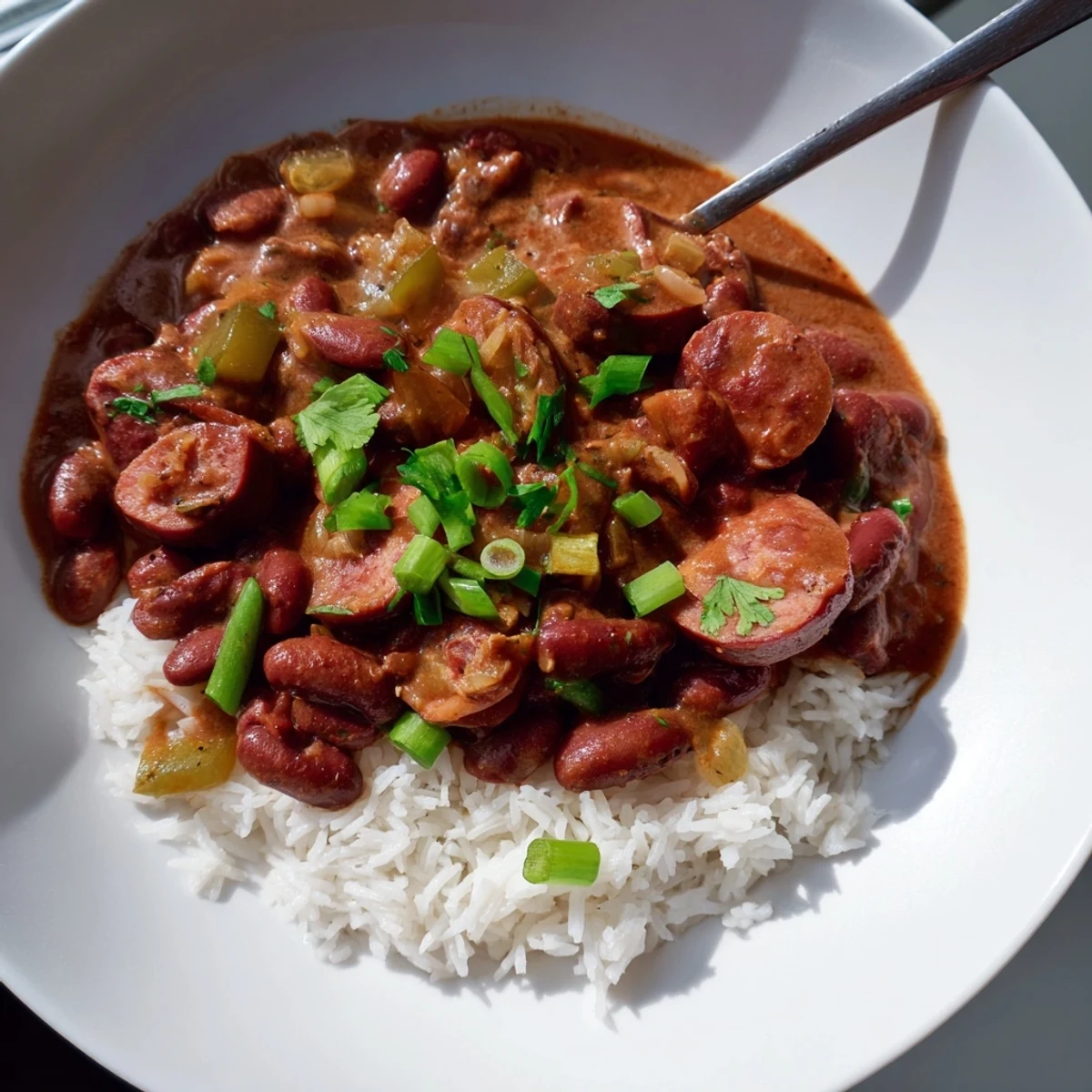 Hearty Red Beans & Rice: savory dish with visible chunks of sausage, perfect for a cold evening.
