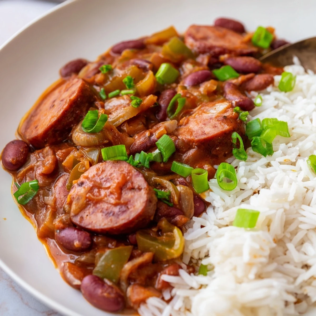 Close-up of a flavorful Red Beans & Rice serving, complete with rice and a spicy sauce drizzle.