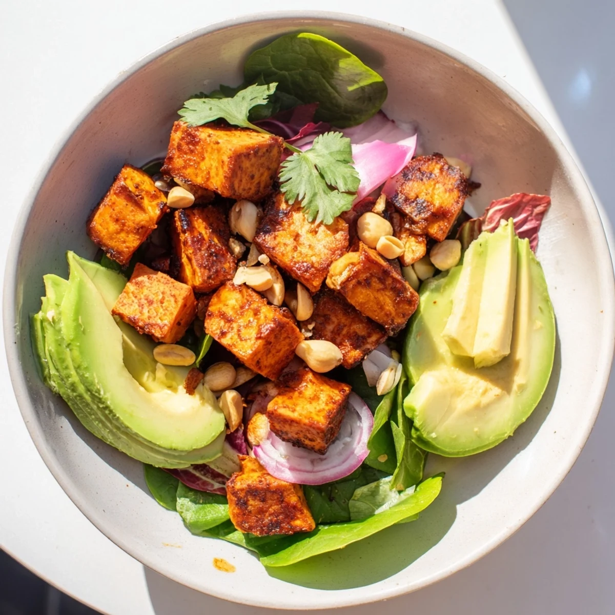 Warm, roasted spiced sweet potatoes in this lively, refreshing Spiced Peanut Sweet Potato & Radicchio Salad Bowl.