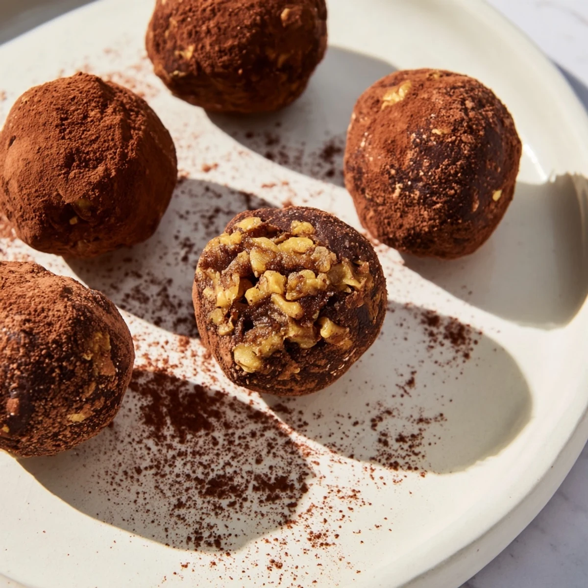 A close-up of Date & Walnut Truffles, showing the rich, dark cocoa dusting and textured inside.