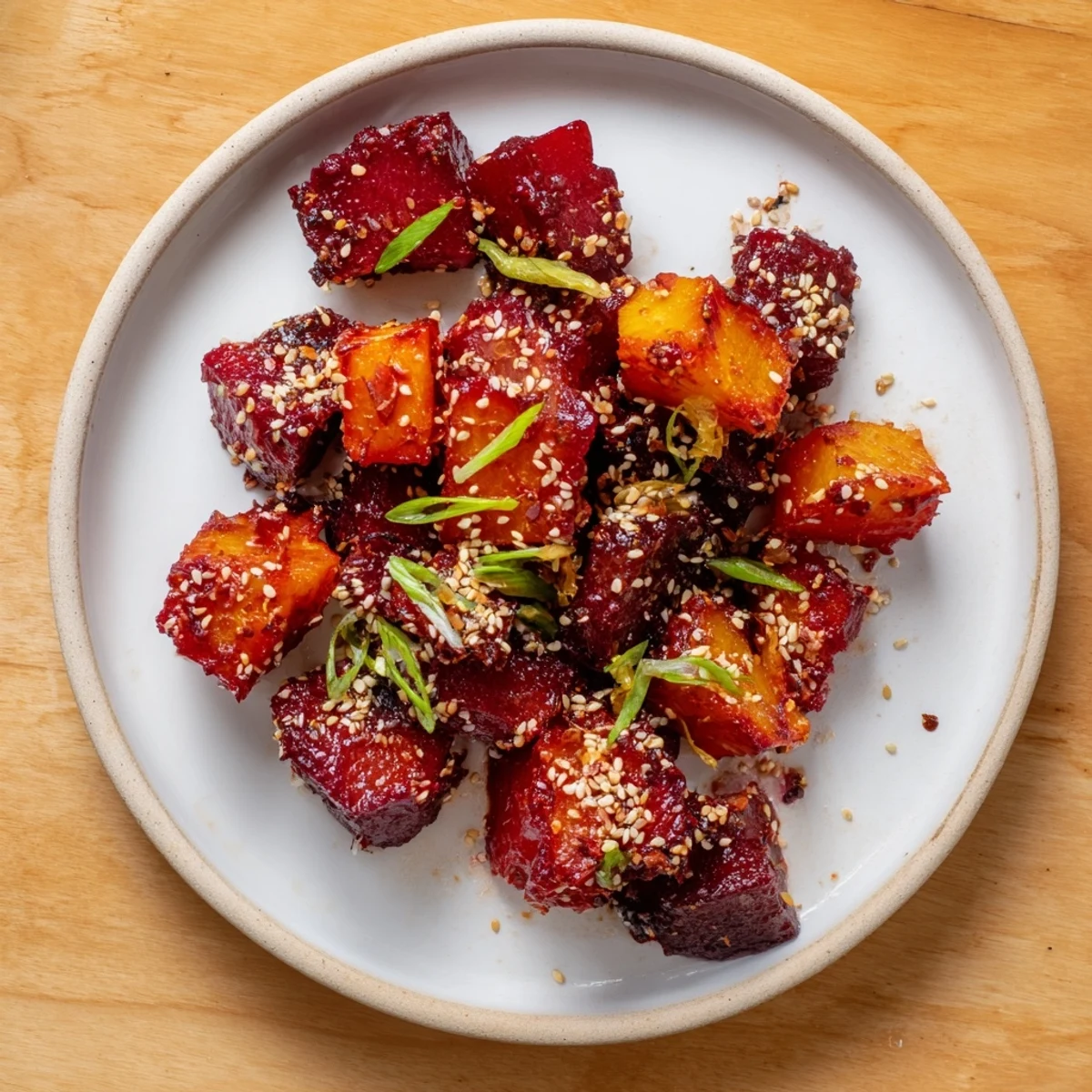 Golden-brown miso roasted winter vegetables with a glistening, umami-rich glaze, ready to serve.