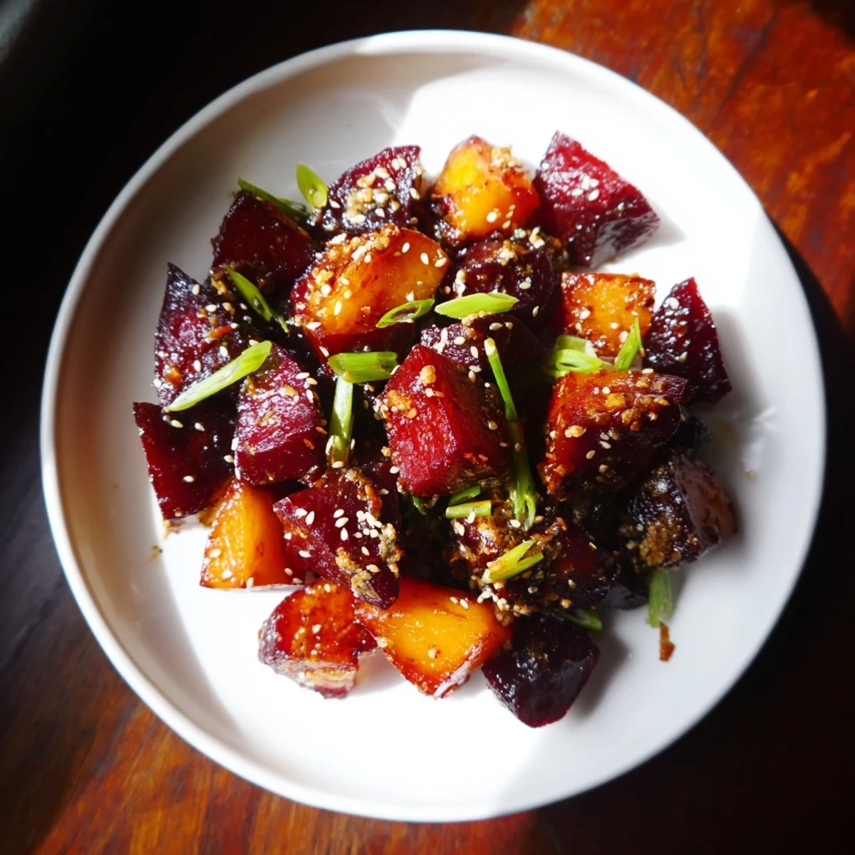 Tender, caramelized miso roasted winter vegetables, a colorful, hearty vegetarian main course.