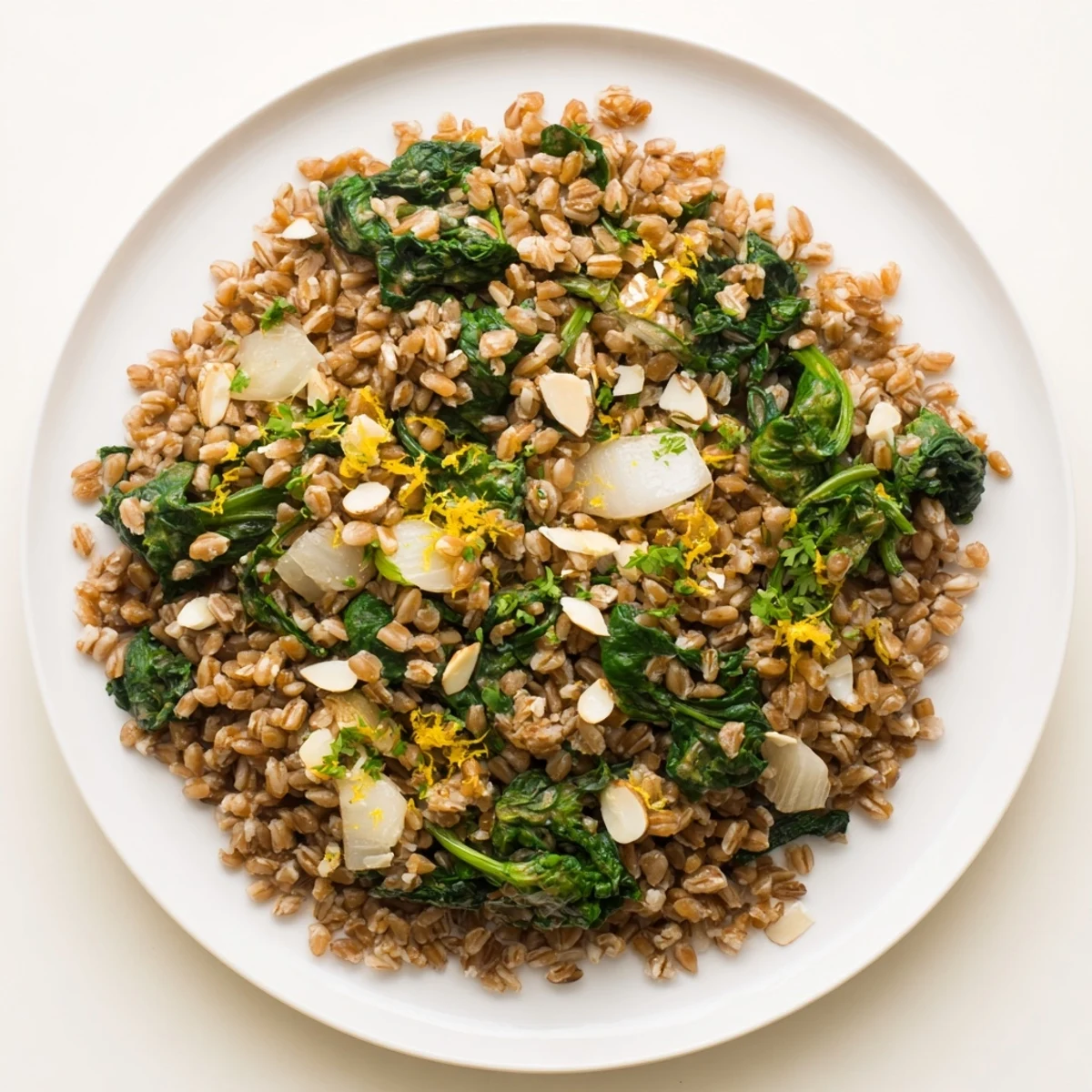 Vibrant farro & greens pilaf features a medley of flavors, with fluffy farro and fresh herbs.