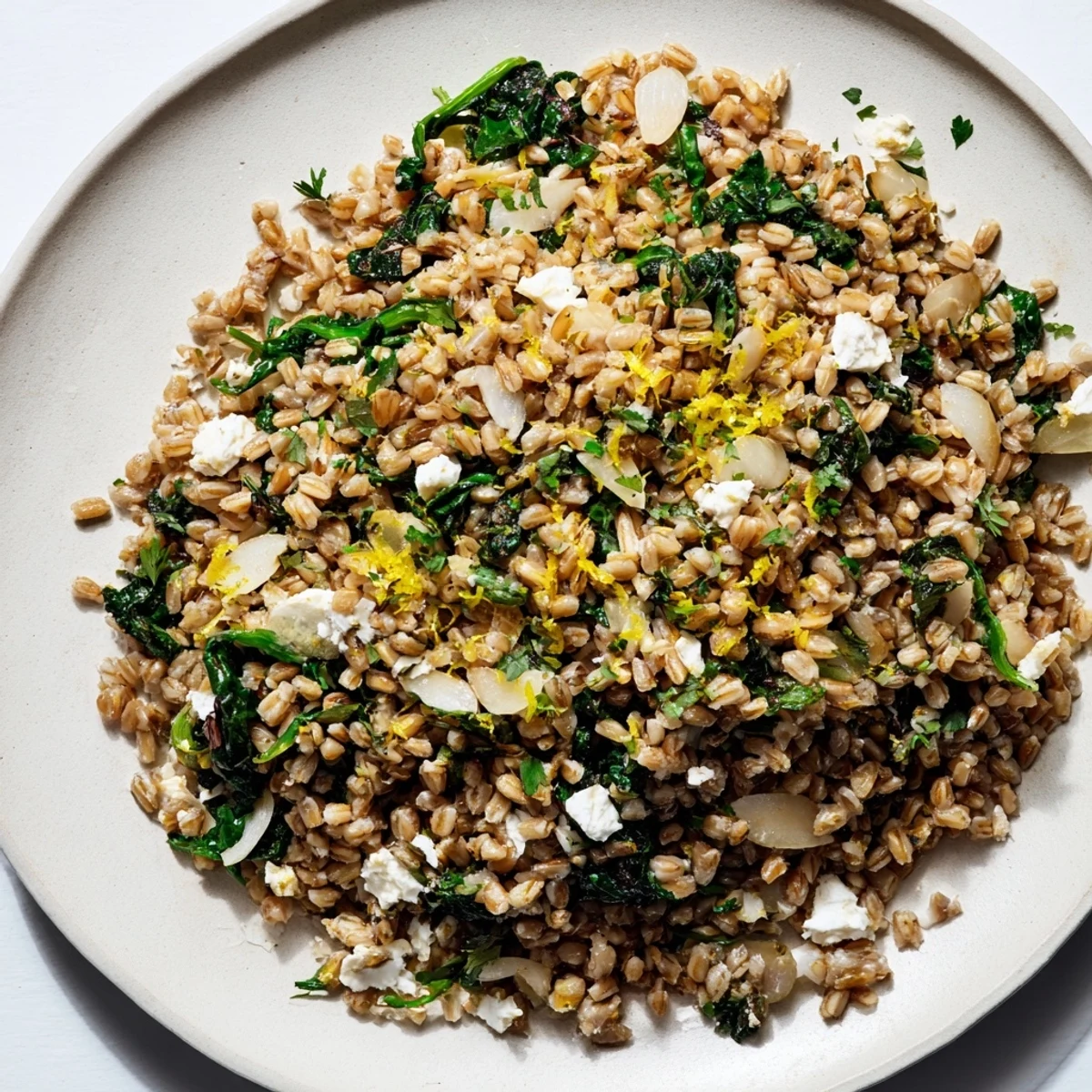 This healthy Mediterranean-inspired farro & greens pilaf is a flavorful vegetarian main dish.
