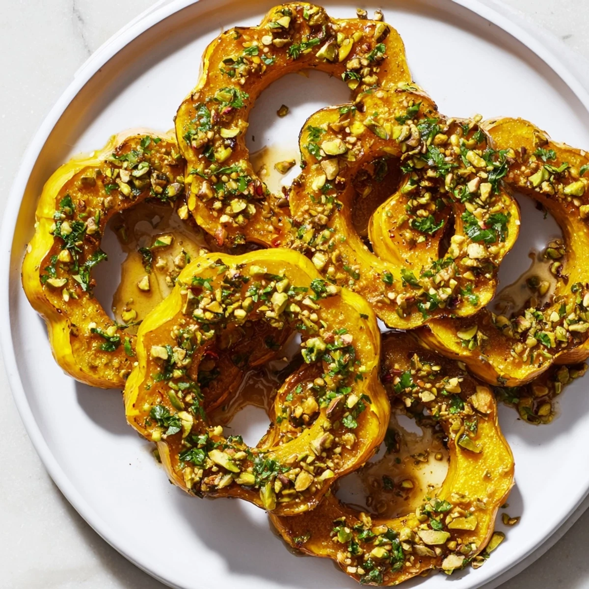 Golden roasted Baked Delicata Squash Rings topped with brilliant green pistachios and a maple glaze.