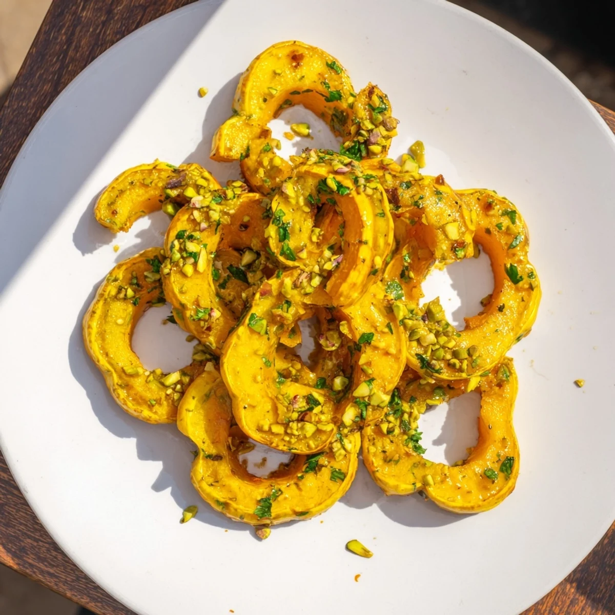 Close-up of Baked Delicata Squash Rings showing tender squash, sweet glaze, and crunchy pistachios.