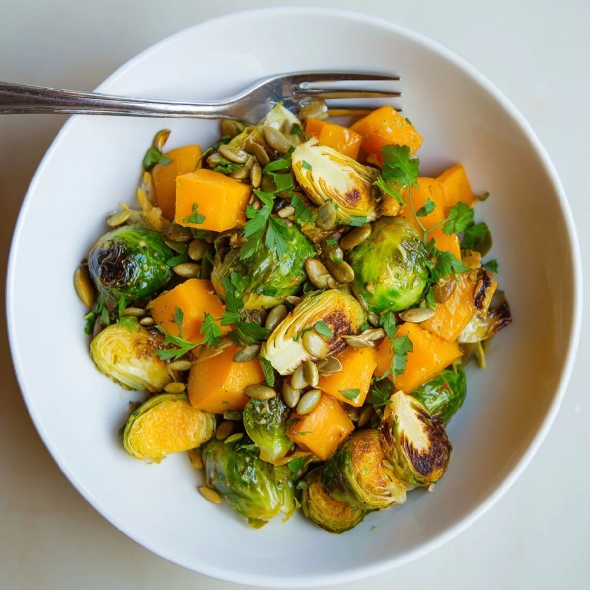 Healthy and colorful Roasted Brussels Sprouts & Butternut Squash, seasoned with fresh herbs and a sweet orange drizzle.