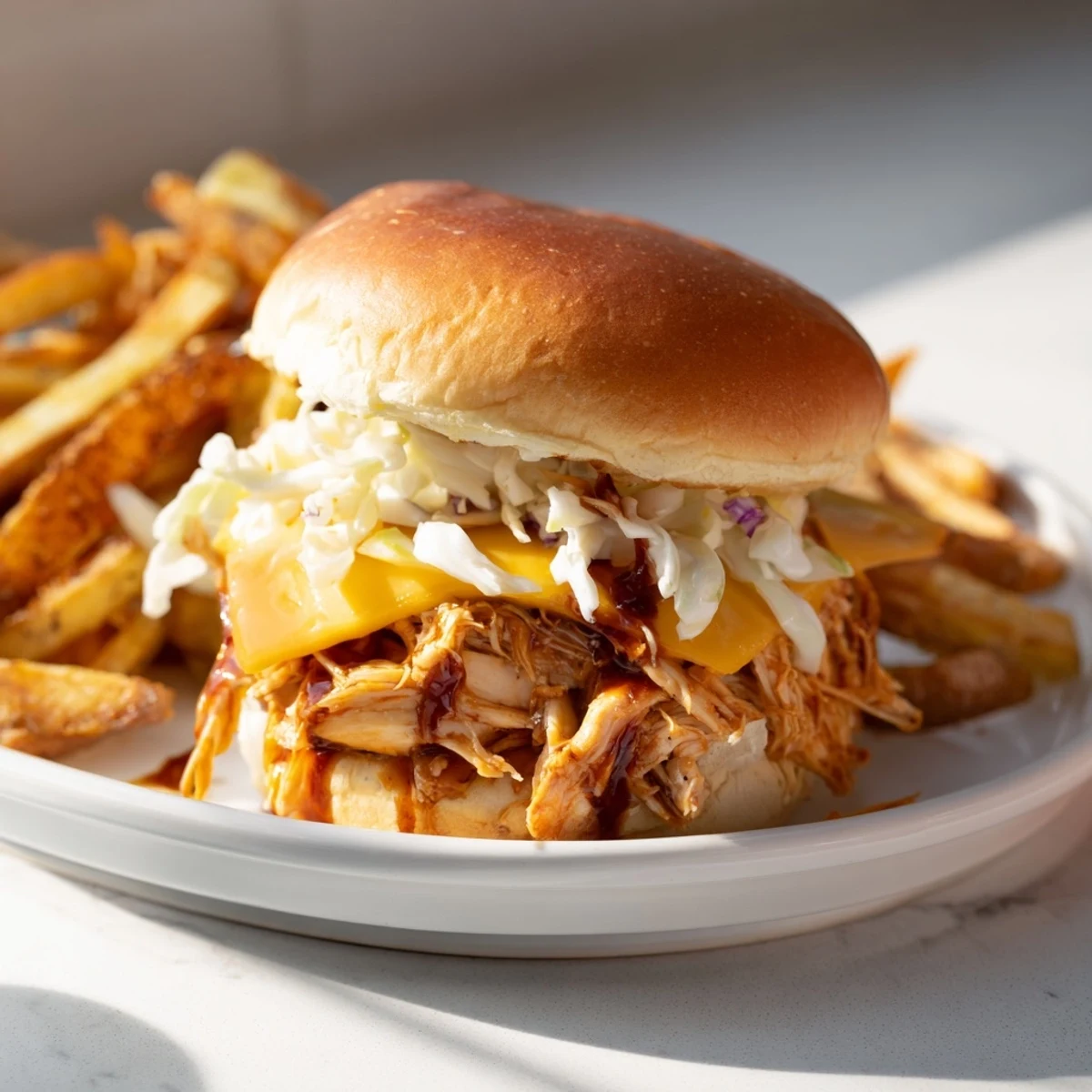 Moist shredded BBQ chicken sliders on toasted buns, paired with perfectly seasoned fries, ready to eat.