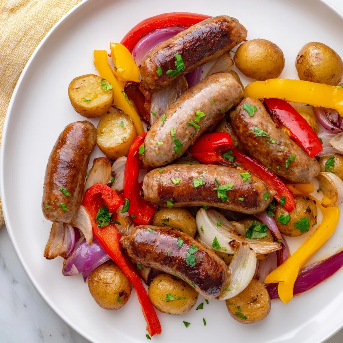 Golden sheet-pan sausage with peppers, onions, and potatoes, a flavorful and easy weeknight dinner.