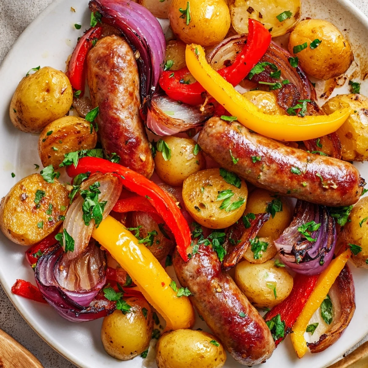 Vibrant image of roasted sheet-pan sausage and vegetables, smelling delicious with savory spices.