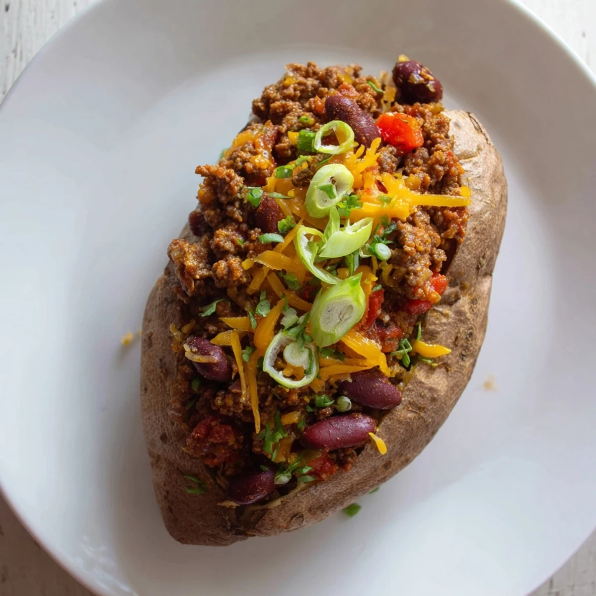 A close-up shot of hearty Chili-Style Baked Potatoes, showing the texture of the fluffy baked potato filled with chili.