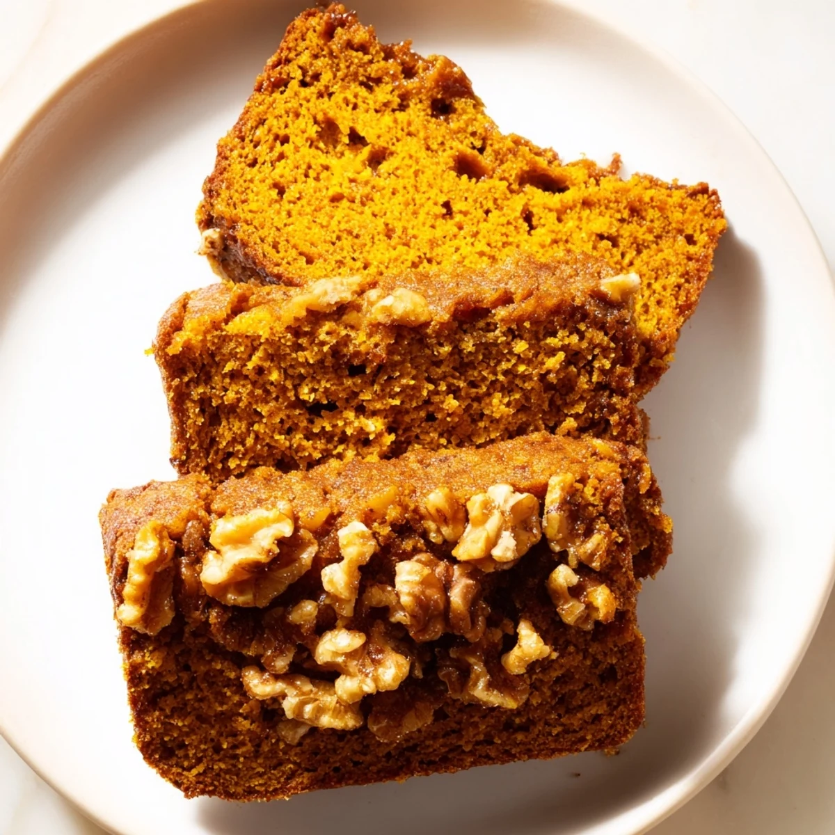 Close up shot of golden loaf pumpkin bread with visible nuts, perfect for autumn flavors.