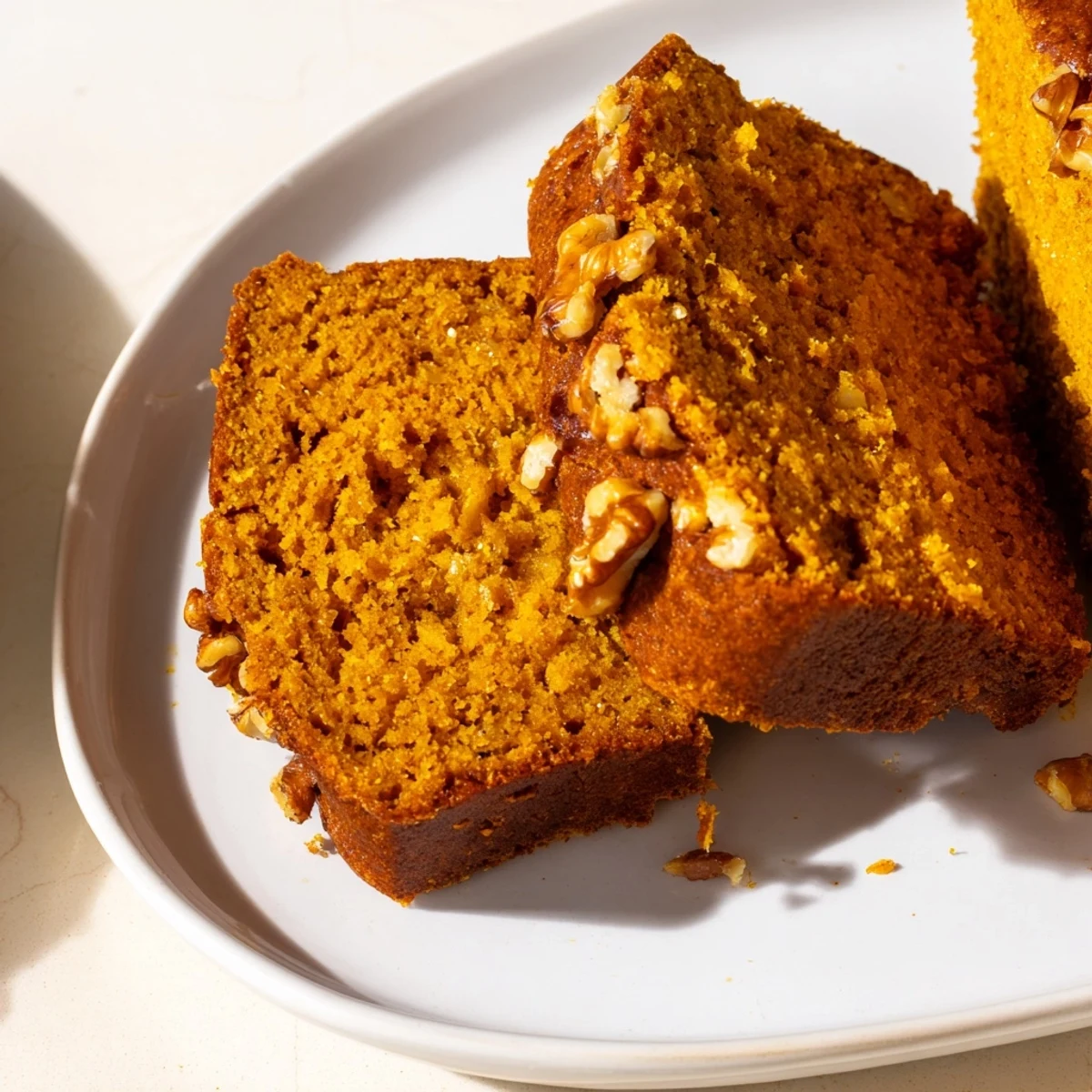 Fluffy slice of homemade pumpkin bread, displaying a moist texture and inviting aroma.
