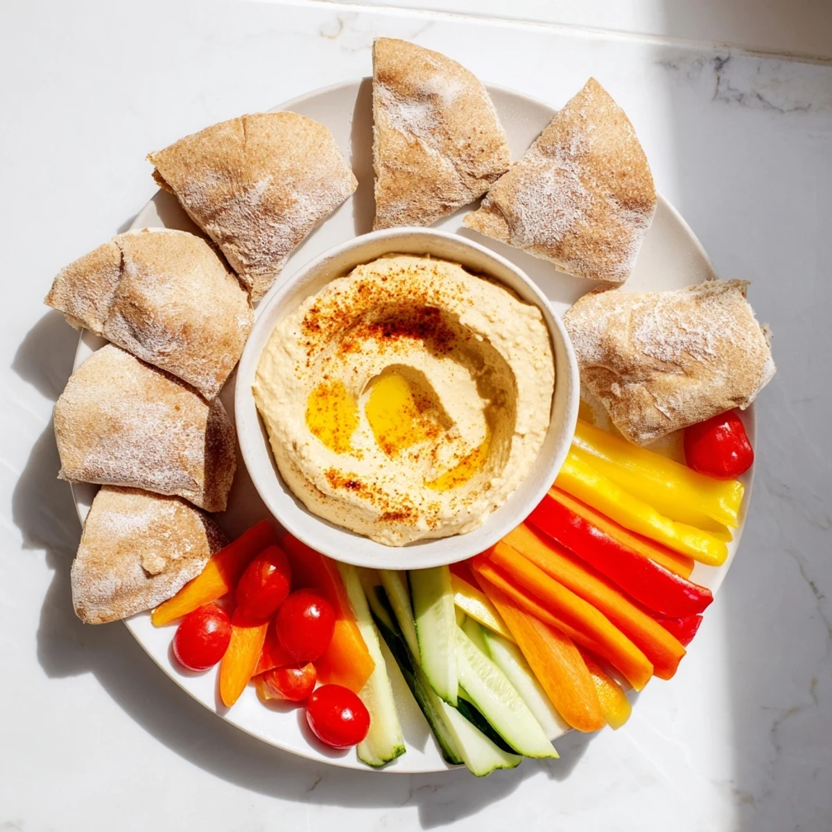 Creamy homemade hummus, fluffy pita bread, and crisp veggie sticks create a delicious DIY snack platter.
