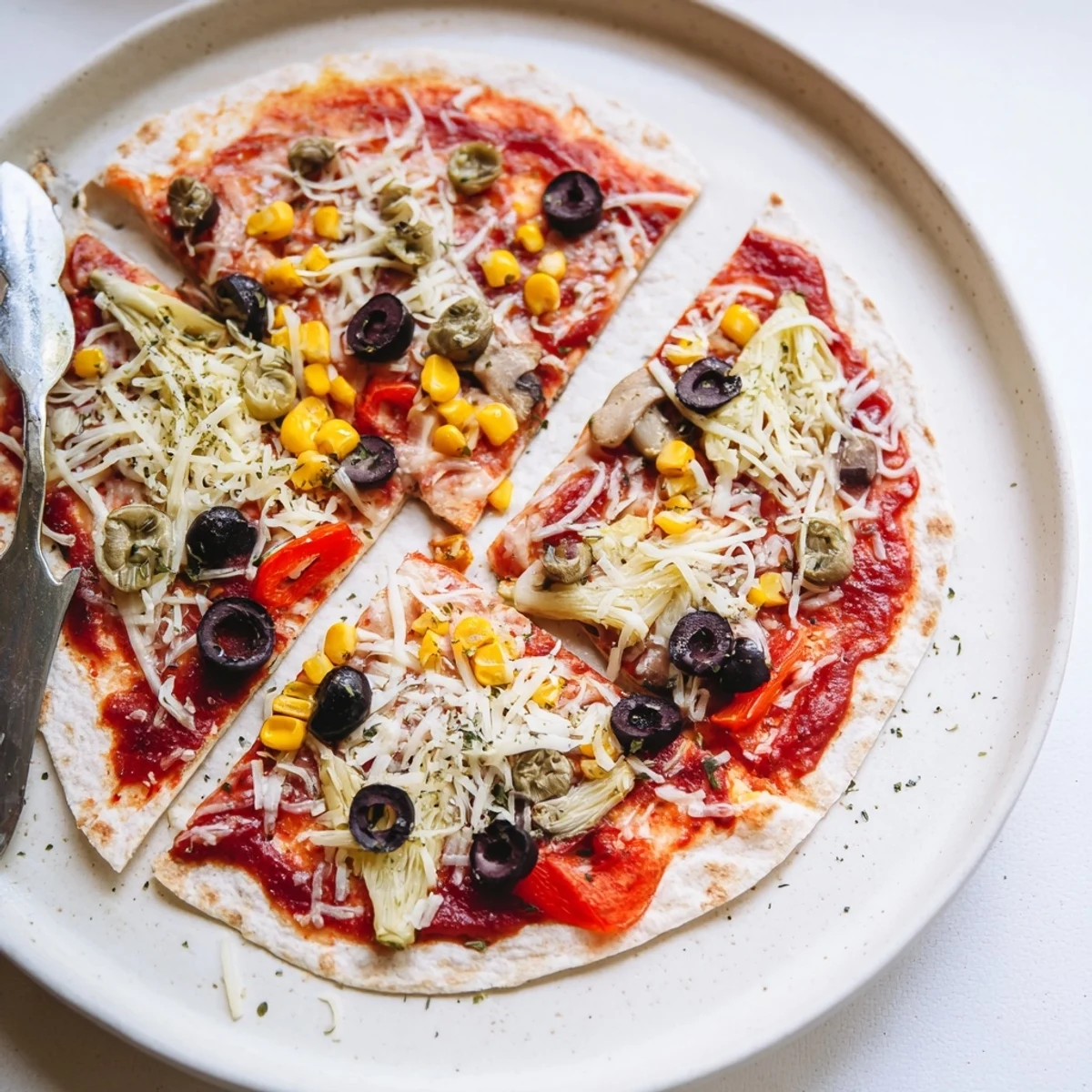 Homemade tortilla pizza, fresh from the oven, with bubbling cheese and a flavorful tomato sauce.