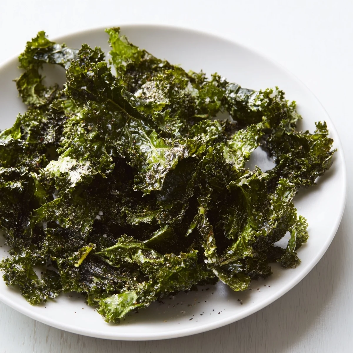 Freshly baked kale chips, tossed with spices, offering a satisfying, crisp texture and flavorful goodness.