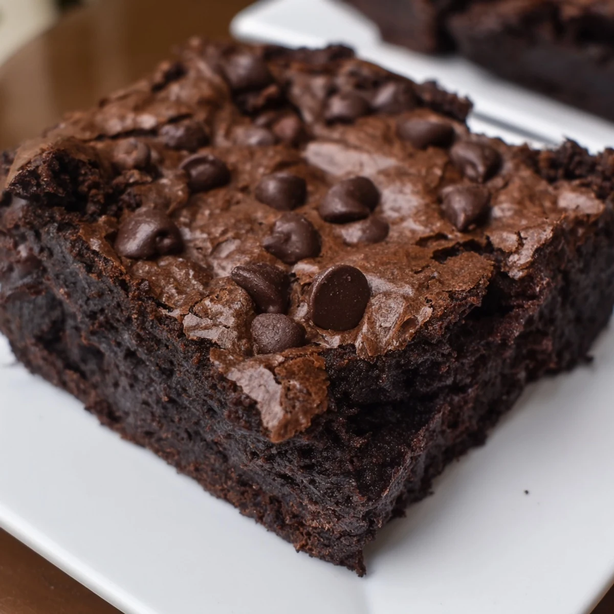 Fudgy black bean brownies, warm from the oven, with a glistening chocolate chip topping, ready to serve.