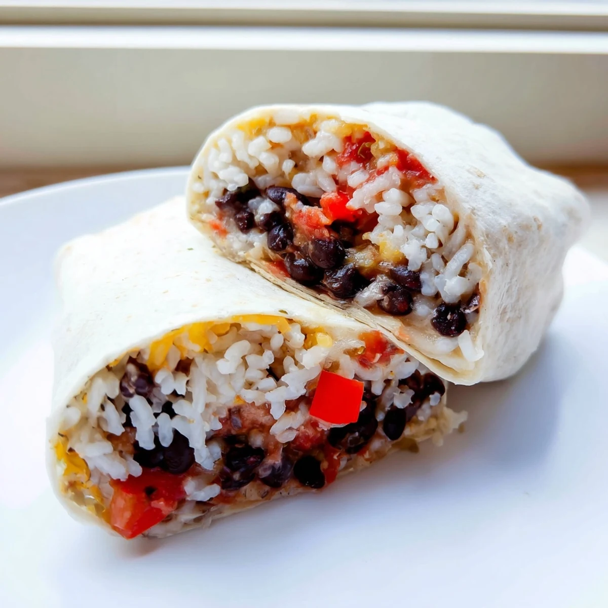A close-up of a perfectly rolled freezer-friendly burrito, with visible ingredients and ideal for easy meal prep.