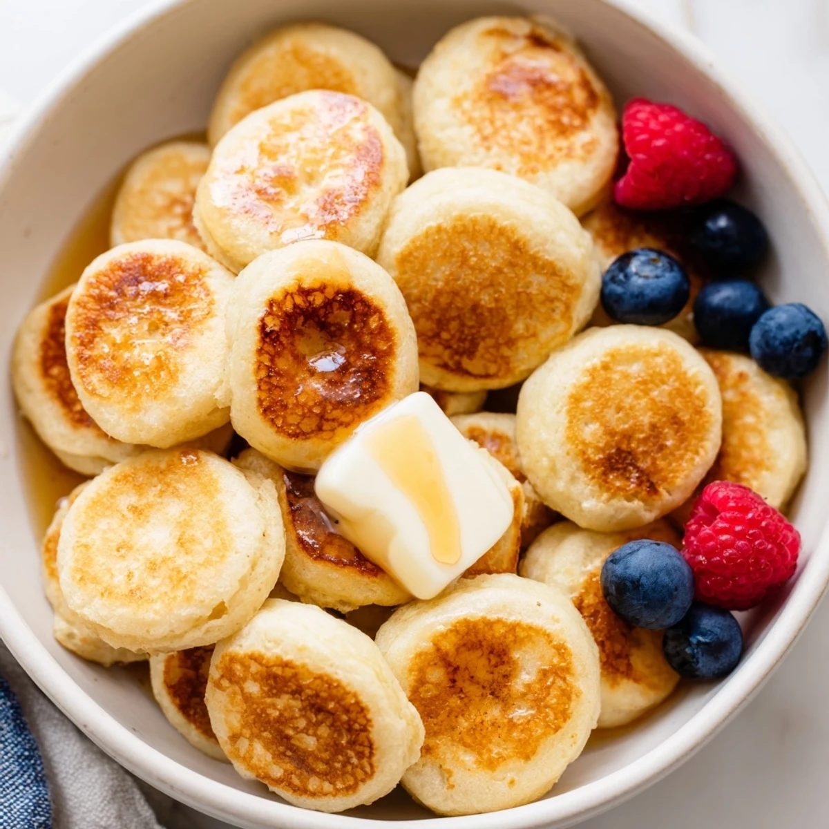 Fluffy, golden-brown pancake cereal in a bowl, drizzled with maple syrup for breakfast.