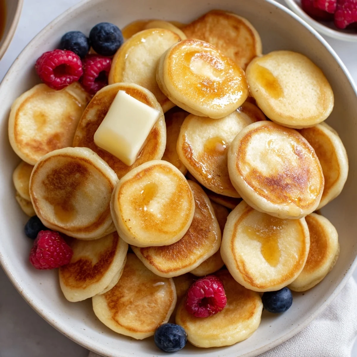 Close-up of perfectly cooked pancake cereal with melted butter, ready to be enjoyed.