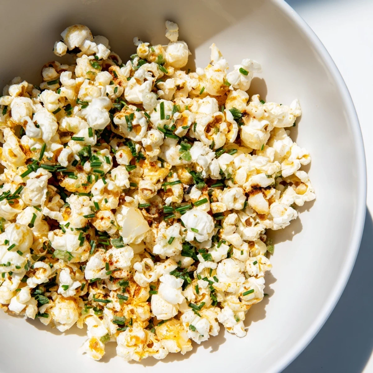 A bowl of flavorful savoury popcorn mixes, perfect for movie night or game day snacking.