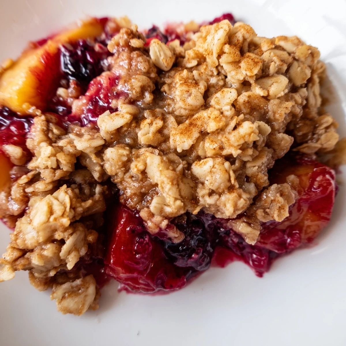 Warm fruit crisp with bubbling fruit and oat topping, a satisfying American dessert.