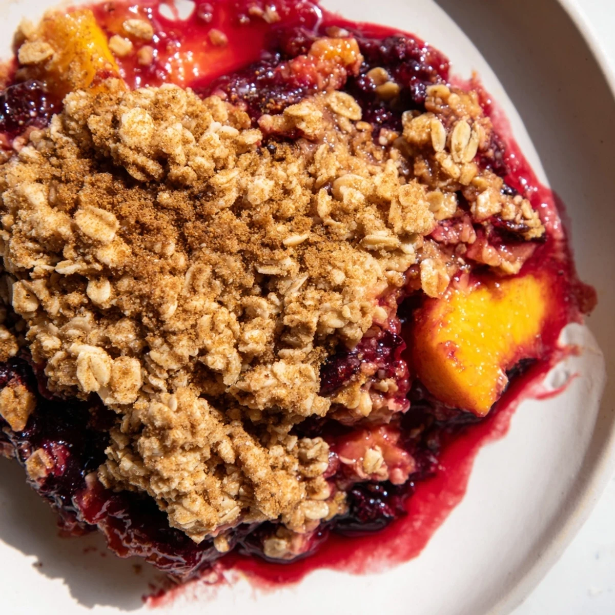 Homemade fruit crisp served warm, with a golden, crisp topping and juicy, baked fruit.