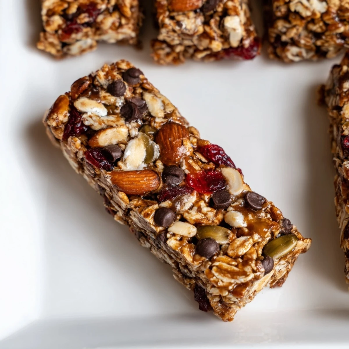 Close-up of freshly baked homemade granola bars, showing a delicious, wholesome snack packed with flavor.